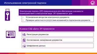 Использование электронной подписи
Электронная подпись (ЭП) предназначена для обеспечения значимости
взаимодействия в электронном виде. ЭП применяется для:
• Установления авторства электронного документа
• Проверки целостности (отсутствия искажений) в подписанном документе
В рамках СЭД «Дело» ЭП применяется:
Регистрация документов
Согласование, визирование документов
Шифрование данных
 