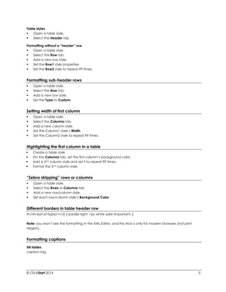 © ClickStart 2014 3 
Table styles 
 Open a table style. 
 Select the Header tab. 
Formatting without a “header” row 
 Open a table style. 
 Select the Row tab. 
 Add a new row style. 
 Set the Row1 style properties. 
 Set the Row2 style to repeat 99 times. Formatting sub-header rows 
 Open a table style. 
 Select the Row tab. 
 Add a new row style. 
 Set the Type to Custom. Setting width of first column 
 Open a table style. 
 Select the Columns tab. 
 Add a new column style. 
 Set the Column1 style’s Width. 
 Set the Column2 style to repeat 99 times. Highlighting the first column in a table 
 Create a table style. 
 On the Columns tab, set the first column’s background color. 
 Add a 2nd column style and set it to repeat 99 times. 
 Format the 2nd column style. “Zebra stripping” rows or columns 
 Open a table style. 
 Select the Rows or Columns tab. 
 Add a new row/column style. 
 Set each row/column style’s Background Color. Different borders in table header row 
th:nth-last-of-type(1n+2) { border-right: 1px white solid !important; } 
Note: you won’t see the formatting in the XML Editor, and this trick is only for modern browsers (not print targets). Formatting captions 
All tables 
caption tag  