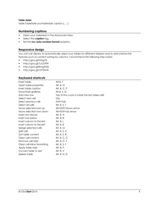 © ClickStart 2014 4 
Table styles 
table.TableStyle-yourtablestyle caption { … } Numbering captions 
 Open your stylesheet in the Advanced View. 
 Select the caption tag. 
 Set the mc-auto-number-format property. Responsive design 
You can use JQuery to automatically adjust your tables for differrent displays and to add intertactive features such as content sorting by columns. I recommend the following free scripts: 
 http://goo.gl/hFegY0 
 http://goo.gl/7uCbPW 
 http://goo.gl/RmgAOK 
 http://goo.gl/c0Y2MW Keyboard shortcuts 
Insert table Alt B, T 
Open table properties Alt, B, O 
Insert table caption Alt, B, C, P 
Show/hide gridlines Alt B, S, G 
Add new row Tab (if the cursor is inside the last table cell) 
Select next cell Tab 
Select previous cell Shift+Tab 
Select all cells Alt, B, S, T 
Move selected rows up Alt+Shift+Down arrow 
Move selected rows down Alt+Shift+Up arrow 
Insert row above Alt, B, A 
Insert row below Alt, B, B 
Insert column to the left Alt, B, L 
Insert column to the left Alt, B, R 
Merge selected cells Alt, B, M 
Split cell Alt, B, S, C 
Sort table content Alt, B, S, R 
Clear cell content Alt, B, C, C 
Remove cell style Alt, B, C, Y 
Clear cell inline formatting Alt, B, S, F 
Apply table style Alt, B, P 
Convert table to text Alt, B, V 
Delete Table Alt, B, D, D 
 