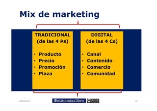 Mix de marketing
               g

             TRADICIONAL            DIGITAL
              (de las 4 Ps)
                        Ps)       (de las 4 Cs)

             •   Producto     •   Canal
             •   Precio       •   Contenido
             •   Promoción    •   Comercio
             •   Plaza        •   Comunidad




09/06/2012                                        30
 