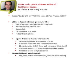  Frase: “Coste GRP en TV 1000€, coste GRP en Prusland 300€”
 ¿Cómo es el usuario internauta que consume vídeo?
 Cada 27 minutos miramos FB Leemos 1 blog al día
 2,5 horas de video potencial al día
 5 posts al día
 137 minutos de radio al día
 Twitteando cada 3 horas
 Algunos datos sobre el vídeo a tener en cuenta
 La media de visionado de video es de 1min 40”
 Si hacemos video, debe estar alineado con la marca
 10 mandamientos del Billy Wider, los 9 primeros no debes aburrir!!
 No existe lo desconocido, sino lo temporalmente desconocido
 Monetiza al usuario final y busca calidad
 Recomendación para seguir la ponencia
 http://www.youtube.com/watch?v=fU_rMZiu7Dc Nokia Unboxing
 
