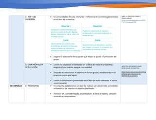 2.- ESE ES EL
PROBLEMA
ü En comunidades de aula, revisarán y reflexionarán los textos presentados
en el libro de proyectos:
ü Elegirán o seleccionarán la opción que mejor se ajuste a la situación del
grupo.
LIBRO DE PROYECOS TOMO III
PRIMER GRADO
https://conaliteg.sep.gob.mx/2023/
T1LP3.htm#page/192
3.- UNA PROPUESTA
DE SOLUCIÓN
ü Leerán los objetivos presentados en su libro de texto de proyectos y
elegirán el que más se apegue a su realidad
ü Después de seleccionar el objetivo de forma grupal, establecerán en el
grupo las metas por lograr.
ü Leerán la información presentada en el libro de texto referente al perico
mural semanal.
ASPECTOS IMPORTANTES PARA
SELECCIONAR UN OBJETIVO
h2ps://www.obsbusiness.school/blog
/criterios-para-seleccionar-los-
objeTvos-de-un-proyecto
DESARROLLO 4.- PASO APASO ü En conjunto, establecerán un plan de trabajo para desarrollar actividades
en beneficio de alcanzar el objetivo planteado.
ü Tomarán en cuenta el listado presentado en el libro de texto y tomarán
acuerdos y compromisos.
 