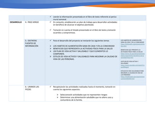 ü Leerán la información presentada en el libro de texto referente al perico
mural semanal.
DESARROLLO 4.- PASO APASO ü En conjunto, establecerán un plan de trabajo para desarrollar actividades
en beneficio de alcanzar el objetivo planteado.
ü Tomarán en cuenta el listado presentado en el libro de texto y tomarán
acuerdos y compromisos.
5.- DISTINTAS
FUENTES DE
INFORMACIÓN
ü Para el desarrollo del proyecto se revisarán los siguientes temas
Ø LOS HABITOS DE ALIMENTACIÓN SANA EN CASA Y EN LA COMUNIDAD
Ø BENEFICIOS QUE REPRESENTA LA ACTIVIDAD FÍSICA PARA LA SALUD
Ø UN PLAN DE VIDA ACTIVA Y SALUDABLE Y QUE ELEMENTOS LO
COMPONEN.
Ø ESTILOS DE VIDA ACTIVOS Y SALUDABLES PARA MEJORAR LA CALIDAD DE
VIDA DE LAS PERSONAS.
LOS HABITOS DE ALIMENTACIÓN
SANA EN CASA Y EN LA COMUNIDAD
https://kidshealth.org/es/parents/ha
bits.html
BENEFICIOS QUE PRESENTA LA
ACTIVIDAD FÍSICA PARA LA SALUD
https://www.cdc.gov/physicalactivity
/basics/spanish/los-beneficios-de-la-
actividad-fisica.htm
UN PLAN DE VIDA ACTIVA Y
SALUDABLE
https://www.youtube.com/watch?v=
pw3f0fogtzE
ESTILOS DE VIDA SALUDABLES PARA
MEJORAR LA CALIDAD DE VIDA DE
LAS PERSONAS
https://medlineplus.gov/spanish/enc
y/article/002393.htm
6.- UNIMOS LAS
PIEZAS
ü Recapitularán las actividades realizadas hasta el momento, tomarán en
cuenta los siguientes aspectos:
Ø Seleccionarán actividades que no representen riesgos
Ø Determinar una alimentación saludable que no altere usos y
contumbres de la familia.
 