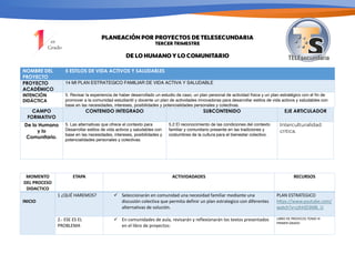 PLANEACIÓN POR PROYECTOS DE TELESECUNDARIA
TERCER TRIMESTRE
DE LO HUMANO Y LO COMUNITARIO
NOMBRE DEL
PROYECTO
5 ESTILOS DE VIDA ACTIVOS Y SALUDABLES
PROYECTO
ACADÉMICO
14 MI PLAN ESTRATEGICO FAMILIAR DE VIDA ACTIVA Y SALUDABLE
INTENCIÓN
DIDÁCTICA
5. Revisar la experiencia de haber desarrollado un estudio de caso, un plan personal de actividad física y un plan estratégico con el fin de
promover a la comunidad estudiantil y docente un plan de actividades innovadoras para desarrollar estilos de vida activos y saludables con
base en las necesidades, intereses, posibilidades y potencialidades personales y colectivas.
CAMPO
FORMATIVO
CONTENIDO INTEGRADO SUBCONTENIDO EJE ARTICULADOR
De lo Humano
y lo
Comunitario.
5. Las alternativas que ofrece el contexto para
Desarrollar estilos de vida activos y saludables con
base en las necesidades, intereses, posibilidades y
potencialidades personales y colectivas.
5.2 El reconocimiento de las condiciones del contexto
familiar y comunitario presente en las tradiciones y
costumbres de la cultura para el bienestar colectivo.
Interculturalidad
critica.
MOMENTO
DEL PROCESO
DIDACTICO
ETAPA ACTIVIDADADES RECURSOS
INICIO
1 ¿QUÉ HAREMOS? ü Seleccionarán en comunidad una necesidad familiar mediante una
discusión colectiva que permita definir un plan estrategico con diferentes
alternativas de solución.
PLAN ESTRATEGICO
hYps://www.youtube.com/
watch?v=zJhHZl3MB_U
2.- ESE ES EL
PROBLEMA
ü En comunidades de aula, revisarán y reflexionarán los textos presentados
en el libro de proyectos:
LIBRO DE PROYECOS TOMO III
PRIMER GRADO
 