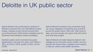 .... ....Spend Network@ianmakgill @spendnetwork
Deloitte in UK public sector
Spend Network has conducted an analysis of
De...