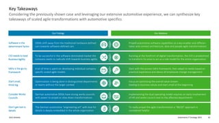 Automotive IT Strategy 2022
2022 Deloitte 10
Considering the previously shown case and leveraging our extensive automotive experience, we can synthesize key
takeaways of scaled agile transformations with automotive specifics
Key Takeaways
Our Findings Our Solutions
Focus on optimizing the overall value stream
leading to business values and start small at the beginning
Optimization is being done in distinguished departments
or teams without the larger context
Start small,
think big
OEMs shift away from the traditional hardware-defined
cars towards software-defined cars
Propell automotive software capabilities as a key enabler and differen-
tiator and connect architecture, data and people agile transformations
Software is the
determinant factor
To be successful in the software-dominated market the
company needs to radically shift towards business agility
Running at the forefront of digital transformation, the CIO is predestined
to transform his area to act as a role model for the entire organization
CIO needs to lead
Business Agility
A lot of time is spent on developing individual company
specific scaled agile models
Start with the proven SAFe framework, then adapt to needs based on
practical experience and above all emphasize change management
SAFe is the go-to
framework
Implementing the dual operating model requires an early involvement
of HR and works council next to the affected departments
German automotive OEMs have strong works councils
with power to propel or slow down transformations
Consider Works
Councils
To really propel the agile transformation a “80/20” approach is
considered helpful
The German automotive “engineering art” with love for
details is deeply embedded in the whole organization
Don’t get lost in
details
 
