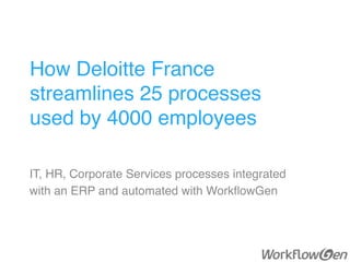 How Deloitte France  
streamlines 25 processes 
used by 4000 employees
IT, HR, Corporate Services processes integrated
with an ERP and automated with WorkﬂowGen
 