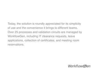 Today, the solution is roundly appreciated for its simplicity
of use and the convenience it brings to different teams.
Over 25 processes and validation circuits are managed by
WorkﬂowGen, including IT clearance requests, leave
applications, collection of certiﬁcates, and meeting room
reservations.
 