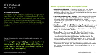 Presentation title
[To edit, click View > Slide Master > Slide master1]
Copyright © 2018 Deloitte Development LLC. All rights reserved. 1Provider Chief Strategy Officer Summit 1
CSO Unplugged
Key Insights
Statement of Purpose
In response to the bold and accelerating change in our
Health Care (HC) industry, a cross-organization group
of health care CSOs will come together for a first-of-its-
kind summit to; 1) define and align on current and
future state HC opportunities and challenges and 2) co-
design a shared vision for an annual health care CSO
summit.
During the session, the group focused on addressing the core
question:
How might we prototype and sustain a
community that addresses the things
that matter most to health care CSOs
today and tomorrow?
Several key insights from the Provider CSO Summit:
1.Relationship-building: Participants bonded over their unique
personal and professional journeys that led to their current
leadership positions and identified commonalities across their range
of backgrounds and experiences.
2.CSO role in health care is unique: The group confirmed multiple
ways in which the CSO role in health care may differ from other
industries: variation in title and responsibilities across
organizations; it is a new role in health care; the industry is highly
regulated, etc.
3.Need for a health care CSO Community: Though attendees were
members of other CSO and executive leadership communities, all
noted the value of creating a tight-knit, diverse community of CSOs
specific to the health care industry.
4.Strong Desire for an annual CSO Summit: All participants
expressed a strong desire to participate in the next CSO summit,
and requested additional touchpoints including; newsletters,
Deloitte thought-ware and monthly calls. Requests for the next
summit included additional CSO participants; sprint stations; CSO
interaction/exchange time; CSOs and SMEs from other industries.
5.Commitment to Continue: Participants committed to share their
experiences and insights with their respective organizations/teams
and to stay connected with each other going forward prior to the
next summit.
 