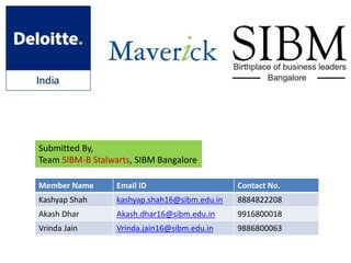 Submitted By,
Team SIBM-B Stalwarts, SIBM Bangalore
Member Name Email ID Contact No.
Kashyap Shah kashyap.shah16@sibm.edu.in 8884822208
Akash Dhar Akash.dhar16@sibm.edu.in 9916800018
Vrinda Jain Vrinda.jain16@sibm.edu.in 9886800063
 