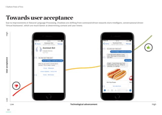Chatbots Point of View
10
Towards user acceptance
Due to improvements in Natural Language Processing, Chatbots are shifting from command-driven towards more intelligent, conversational driven
‘Virtual Assistants’, which are much better at determining context and user intent.
Technological advancement
Low High
User
acceptance
High
Low
 