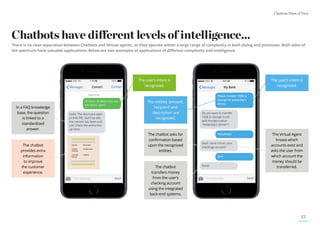 Chatbots Point of View
13
Chatbots have diﬀerent levels of intelligence…
There is no clear separation between Chatbots and Virtual agents, as they operate within a large range of complexity in both dialog and processes. Both sides of
the spectrum have valuable applications. Below are two examples of applications of different complexity and intelligence.
The user’s intent is
recognized.
The user’s intent is
recognized.
The entities ‘amount’,
‘recipient’ and
‘description’ are
recognized.
The Virtual Agent
knows which
accounts exist and
asks the user from
which account the
money should be
transferred.
The chatbot
transfers money
from the user’s
checking account
using the integrated
back-end systems.
The chatbot
provides extra
information
to improve
the customer
experience.
The chatbot asks for
confirmation based
upon the recognized
entities.
In a FAQ knowledge
base, the question
is linked to a
standardized
answer.
 