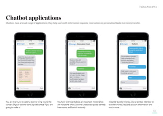Chatbots Point of View
15
Chatbot applications
Chatbots have a broad range of applications; they help users with information requests, reservations or personalized tasks like money transfer.
You are in a hurry to catch a train to bring you to the
concert of your favorite band. Quickly check if you are
going to make it!
You have just heard about an important meeting but
are not at the office. Use the Chatbot to quickly identify
free rooms and book it instantly.
Instantly transfer money. Use a familiar interface to
transfer money, request account information and
much more…
 
