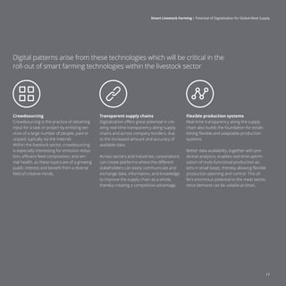 17
Smart Livestock Farming 
| Potential of Digitalization for Global Meat Supply
Crowdsourcing
Crowdsourcing is the practice of obtaining
input for a task or project by enlisting ser-
vices of a large number of people, paid or
unpaid, typically via the internet.
Within the livestock sector, crowdsourcing
is especially interesting for emission reduc-
tion, efficient feed composition, and ani-
mal health, as these topics are of a growing
public interest and benefit from a diverse
field of creative minds.
Transparent supply chains
Digitalization offers great potential in cre-
ating real-time transparency along supply
chains and across company borders, due
to the increased amount and accuracy of
available data.
Across sectors and industries, corporations
can create platforms where the different
stakeholders can easily communicate and
exchange data, information, and knowledge
to improve the supply chain as a whole,
thereby creating a competitive advantage.
Flexible production systems
Real-time transparency along the supply
chain also builds the foundation for estab-
lishing flexible and adaptable production
systems.
Better data availability, together with pre-
dictive analytics, enables real-time optimi-
zation of multi-functional production as-
sets in small loops, thereby allowing flexible
production planning and control. This of-
fers enormous potential to the meat sector,
since demand can be volatile at times.
Digital patterns arise from these technologies which will be critical in the
roll-out of smart farming technologies within the livestock sector
 