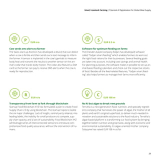 Smart Livestock Farming 
| Potential of Digitalization for Global Meat Supply
29
Cow sends sms alerts to farmer
The Swiss start-up Anemon has developed a device that can detect
when a cow is fertile and then sends out a text message to inform
the farmer. A sensor is implanted in the cow's genitals to measure
body heat and transmit the results to another sensor on the ani-
mal's collar that tracks body motion. The collar also features a SIM
card so the farmer can pay to receive SMS alerts when the cow is
ready for reproduction.
Transparency from farm to fork through blockchain
Startup Food Blockchain XYZ has formulated a plan to create Food
Supply Chain 2.0 by using blockchain. The startup hopes to tackle
the six major challenges: Lack of insight, central party reliance, mis-
leading labels, the inability for small producers to compete, sup-
ply chain opacity, and a lack of sustainability. Food Blockchain XYZ
will leverage series of interconnected sensors to introduce com-
prehensive food quality assurance, without the intervention of hu-
mans.
Software for optimum feeding on farms
The Dresden-based company fodjan has developed software
called fodjan smart feeding which enables farmers to work out
the right food rations for their businesses. Several feeding goals
are taken into account, including cost savings and animal health.
For planning purposes, the software makes it possible to set up an-
imal-based feeding calendars and check out the respective stocks
of food. Besides all the feed-related features, fodjan smart feed-
ing also helps farmers to manage their farms more efficiently.
No AI but algae to break new grounds
TerraVia is a next-generation food, nutrition, and specialty ingredi-
ents company that harnesses the power of algae, the mother of all
plants and earth's original superfood, to deliver much-needed in-
novation and sustainable solutions to the food industry. TerraVia's
algae-based platform is transforming our food system by bringing
together better nutrition and great taste, along with economic and
environmental sustainability. Its algae-oriented mother company
Solazyme has raised EUR 108 m so far.
EUR n/a EUR 108 m
EUR n/a EUR 0.5 m
P S
R C
 