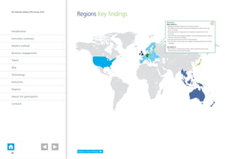 Introduction
Executive summary
Market outlook
Business engagement
Talent
Risk
Technology
Industries
Regions
About the participants
Contacts
The Deloitte Global CPO Survey 2014
Germany
More likely to…
• Manage a greater proportion of third-party spend
• Be looking to enter new markets and release new products over the
next 12 months
• Be expecting their organisation to expand by acquisition over the
next year
• Feel that their technology and systems provide adequate spend visibility
and cost control functionality
• Use both predictive and historical data analytics
• Feel that their current teams are capable of delivering their procurement
strategies
Less likely to…
• Be focused on developing soft skills, with a preference for honing
technical procurement skills instead
Regions Key findings
Regions: Key findings
X
30
 