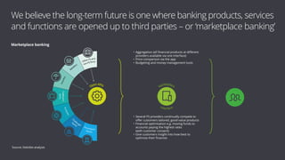 Other FS and
Retailers
Insurers
Fund
FinTechs
C
hallenger
Incumbent
non-FS firms
managers
banks
banks
Marketplace
interface
Open APIs
• Aggregation (all financial products at different
providers available via one interface)
• Price comparison via the app
• Budgeting and money management tools
• Several FS providers continually compete to
offer customers tailored, good-value products
• Financial optimisation e.g. moving funds to
accounts paying the highest rates
(with customer consent)
• Give customers insight into how best to
optimise their finances
We believe the long-term future is one where banking products, services
and functions are opened up to third parties – or ‘marketplace banking’
Marketplace banking
Source: Deloitte analysis
 