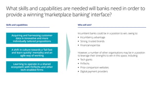 What skills and capabilities are needed will banks need in order to
provide a winning ‘marketplace banking’ interface?
Skills and capabilities Who will win?
Acquiring and harnessing customer
data in innovative and more
individually tailored propositions
Incumbent banks could be in a position to win, owing to:
•• Incumbency advantage
•• Strong, trusted brands
•• Financial expertise
However, a number of other organisations may be in a position
to leverage their strengths to win in this space, including:
•• Tech giants
•• FinTechs
•• Price comparison websites
•• Digital payment providers
A shift in culture towards a ‘fail fast
and learn quickly’ mentality and an
agile way of working
Learning to operate in a shared
ecosystem with FinTechs and other
tech-enabled firms
 