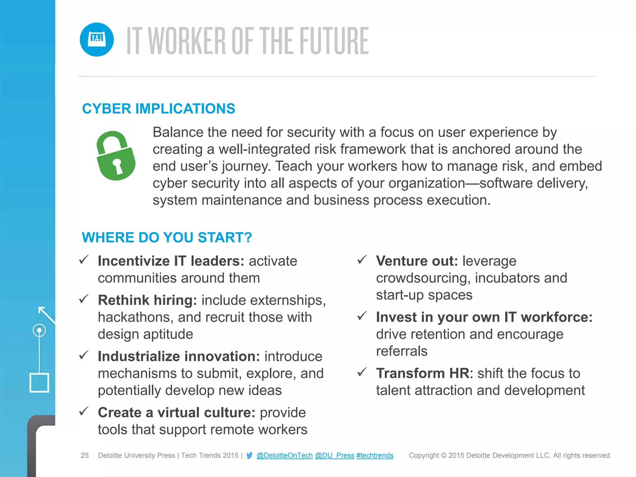25 Copyright © 2015 Deloitte Development LLC. All rights reserved.Deloitte University Press | Tech Trends 2015 | @DeloitteOnTech @DU_Press #techtrends
WHERE DO YOU START?
Balance the need for security with a focus on user experience by
creating a well-integrated risk framework that is anchored around the
end user’s journey. Teach your workers how to manage risk, and embed
cyber security into all aspects of your organization—software delivery,
system maintenance and business process execution.
CYBER IMPLICATIONS
 Incentivize IT leaders: activate
communities around them
 Rethink hiring: include externships,
hackathons, and recruit those with
design aptitude
 Industrialize innovation: introduce
mechanisms to submit, explore, and
potentially develop new ideas
 Create a virtual culture: provide
tools that support remote workers
 Venture out: leverage
crowdsourcing, incubators and
start-up spaces
 Invest in your own IT workforce:
drive retention and encourage
referrals
 Transform HR: shift the focus to
talent attraction and development
 