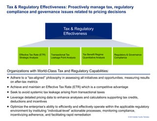 Tax & Regulatory Effectiveness: Proactively manage tax, regulatory
compliance and governance issues related to pricing decisions



                                               Tax & Regulatory
                                               Effectiveness




         Effective Tax Rate (ETR)   Transactional Tax        Tax Benefit Regime      Regulatory & Governance
         Strategic Analysis         Leakage Point Analysis   Quantitative Analysis   Compliance




Organizations with World-Class Tax and Regulatory Capabilities:
 Adhere to a “tax-aligned” philosophy in assessing all initiatives and opportunities, measuring results
  on after-tax metrics
 Achieve and maintain an Effective Tax Rate (ETR) which is a competitive advantage
 Seek to avoid systemic tax leakage arising from transactional taxes
 Leverage detailed pricing data to enhance analyses and calculations supporting tax credits,
  deductions and incentives
 Optimize the enterprise’s ability to efficiently and effectively operate within the applicable regulatory
  environment by instituting “individual-level” actionable processes, monitoring compliance,
  incentivizing adherence, and facilitating rapid remediation
                                                                                                © 2010 Deloitte Touche Tohmatsu
 