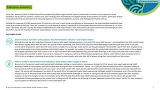 © 2023. For information, contact Deloitte Touche Tohmatsu Limited. 3
Executive summary
Since 2021, Women @ Work: A Global Outlook has provided deep global insights into the views of women when it comes to their experiences in the
workplace. The picture has not been a positive one: 2021’s findings were dominated by the negative impact of the pandemic on women, while 2022 showed
an equally concerning and stark picture of increasing exposure to non-inclusive behaviors, burnout, and challenges with hybrid working.
Although the responses of 5,000 women across 10 countries in this year’s report show some glimpses of improvement, the underlying data emphasizes how
much work remains to be done. There are a number of critical aspects of women’s experiences in the workplace that have either not improved or—in some
cases—worsened. This year’s survey also explores additional factors that impact women’s lives, which paint a picture of women who work through pain and
discomfort, assume the majority of domestic responsibilities, and are concerned about their rights and personal safety.
Key insights include:
Drop in burnout represents some progress, but mental health is still poor—and stigma remains
Although this year has seen a significant decrease in women who report feeling burned out—just under 30% versus 46% last year—and respondents rate their overall mental
well-being as slightly better than last year’s, the picture remains concerning. Over a third (35%) rate their mental well-being as poor/very poor and, similar to last year,
around half of respondents report that their stress levels are higher than a year ago. Fewer women say they get adequate mental health support from their employers, and
several factors point to persistent workplace mental health stigma. For example, the number of women who feel comfortable talking about mental health in the workplace
has dropped significantly from 43% in 2022 to 25% in 2023. And fewer feel comfortable disclosing mental health challenges as the reason they take time off work (39% in
2022 compared to just 25% in 2023). Pressure to be “always on” is also worse, with only 37% of women saying they are able to switch off from work compared to 45% in
2022. All this is set against a backdrop of worry when it comes to mental health, with more than half of women rating their mental health as a top concern.
When it comes to menstruation and menopause, many women often struggle in silence
Around one in five women report experiencing health challenges relating to menstruation or menopause. Among the 15% of women who report experiencing health
challenges related to menstruation, over 40% say they work through the pain and discomfort. Nearly 1 in 5 (19%) say they have taken time off for symptoms related to
menstruation but did not disclose the real reason why—and a small number (7%) report that they disclosed the reason but believe that doing so adversely impacted their
career. The picture with menopause is less stark: of the nearly 10% of all respondents who report experiencing challenges related to menopause, one in five say they work
through any pain or discomfort and nearly 30% say they have disclosed these challenges as a reason for taking time off and have received support from their employer.
However, an element of stigma remains. For example, nearly 20% who took time off for these health challenges did not disclose the real reason, 10% wouldn’t feel
comfortable disclosing menopause as the reason they’re taking time off, 6% believe that disclosing in the past negatively impacted their career, and for 5%, their employer’s
lack of support post disclosure was a factor in them leaving their job.
 