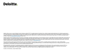 Deloitte refers to one or more of Deloitte Touche Tohmatsu Limited (“DTTL”), its global network of member firms, and their related entities(collectively, the “Deloitte organization”).
DTTL (also referred to as “Deloitte Global”) and each of its member firms and related entities are legally separate and independent entities, which cannot obligate or bind each other in
respect of third parties. DTTL and each DTTL member firm and related entity is liable only for its own acts and omissions, and not those of each other. DTTL does not provide services
to clients. Please see www.deloitte.com/about to learn more.
Deloitte provides industry-leading audit and assurance, tax and legal, consulting, financial advisory, and risk advisory services to nearly 90% of the Fortune Global 500® and thousands of
private companies. Our professionals deliver measurable and lasting results that help reinforce public trust in capital markets, enable clients to transform and thrive, and lead the way
toward a stronger economy, a more equitable society and a sustainable world. Building on its 175-plus year history, Deloitte spans more than 150 countries and territories. Learn how
Deloitte's approximately 415,000 people worldwide make an impact that matters at www.deloitte.com.
This communication contains general information only, and none of Deloitte Touche Tohmatsu Limited (“DTTL”), its global network of member firms or their related entities
(collectively, the “Deloitte organization”) is, by means of this communication, rendering professional advice or services. Before making any decision or taking any action that may affect
your finances or your business, you should consult a qualified professional adviser.
No representations, warranties or undertakings (express or implied) are given as to the accuracy or completeness of the information in this communication, and none of DTTL, its
member firms, related entities, personnel or agents shall be liable or responsible for any loss or damage whatsoever arising directly or indirectly in connection with any person
relying on this communication. DTTL and each of its member firms, and their related entities, are legally separate and independent entities.
© 2023. For information, contact Deloitte Global
 