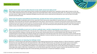 © 2023. For information, contact Deloitte Touche Tohmatsu Limited. 4
Executive summary
Broader concerns about women’s rights, financial security, health, and personal safety prevail
When asked to rate their concerns about external factors outside of the workplace and societal issues, respondents cited the rights of women as their top
concern (59%), followed by financial security (58%), physical and mental health (both at 56%), and personal safety (54%). This is perhaps not surprising after a
year when women’s rights have been repeatedly challenged around the world, concerns about personal safety persist, and as worries about the broader
economic environment remain.
Women bear the greatest responsibility for household tasks, and often feel they need to prioritize their partners’ careers
Despite the fact that 88% of respondents work full time, nearly half of them have primary responsibility for domestic tasks such as cleaning or caring for
dependents. Only around 10% say that these responsibilities fall to their partner. Only around one in 10 women are the primary income source for their family,
compared to over two thirds who say their partner is the primary provider. Nearly four in 10 women overall say they feel they need to prioritize their partner’s
career over their own; notably, even for women who are primary earners, one in five still feel pressured to prioritize their partner’s career. This potentially
creates a vicious circle which limits women’s chances of earning more.
Women want more flexibility at work, but it is still not a reality for many—and this is impacting their career choices
More survey respondents have left their jobs in the past year than in 2020 and 2021 combined. Lack of flexibility around working hours is one of the top three
reasons women left their employers in the past year and is the top reason cited by women who are currently looking to leave their employer. Yet, an
overwhelming 97% of women believe that asking for flexible work arrangements could adversely impact their chances of promotion at work and 95% feel their
workloads won’t be adjusted accordingly. The benefits of flexible working when it comes to retention are also clear: two-thirds of women plan to stay for more
than three years, compared to 19% of women who have no flexibility.
Hybrid work experiences are improving, but challenges remain
Nearly four in 10 (37%) women with hybrid work arrangements report experiencing exclusion from meetings, decisions, or informal interactions, a significant
decrease from the nearly 60% of women who experienced this in 2022. And 30% of hybrid workers say they don’t have enough access to senior leaders,
compared to 45% in 2022. Despite these modest improvements, the numbers are still concerning. This year’s data also reveals a decline in women’s
experiences when it comes to predictability and flexibility in their working pattern and being expected to go into the office despite messaging to the contrary.
Interestingly, when asked to reflect how a mandated return to the office would impact them, more than a quarter of women said they would ask to reduce
their hours, that it would negatively impact their mental well-being, and around one in 10 would start looking for a new job.
 