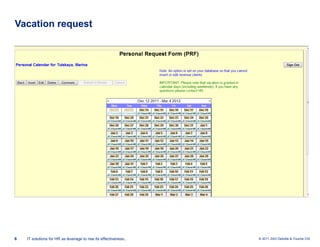 Vacation request




6   IT solutions for HR as leverage to rise its effectiveness..   © 2011 ZAO Deloitte & Touche CIS
 