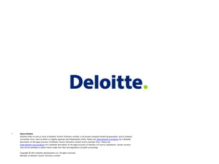 •   About Deloitte
    Deloitte refers to one or more of Deloitte Touche Tohmatsu Limited, a UK private company limited by guarantee, and its network
    of member firms, each of which is a legally separate and independent entity. Please see www.deloitte.com/about for a detailed
    description of the legal structure of Deloitte Touche Tohmatsu Limited and its member firms. Please see
    www.deloitte.com/us/about for a detailed description of the legal structure of Deloitte LLP and its subsidiaries. Certain services
    may not be available to attest clients under the rules and regulations of public accounting.

    Copyright © 2011 Deloitte Development LLC. All rights reserved.
    Member of Deloitte Touche Tohmatsu Limited
 