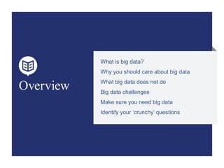 Overview
What is big data?
Why you should care about big data
What big data does not do
Big data challenges
Make sure you need big data
Identify your ‘crunchy’ questions
 
