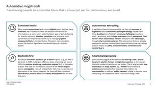 Automotive IT Strategy 20202020 Deloitte 3
Transitioning towards an automotive future that is connected, electric, autonomous, and smart.
Automotive megatrends
Connected world
Most people communicate and interact digitally every day, but many
interfaces are unable to facilitate the smooth transmission of
information, e.g., when users switch between apps or portals looking
for mobility solutions. Seamless transitions that provide a more
convenient user experience are the key to leveraging system
compound effects in the near future. The goal is interoperability
across the physical, digital and rules-based layers of a mobility
system.
Autonomous everything
A significant share of consumers still say they are uncertain to
frightened about autonomous driving technology. At the same
time, developers are finding it extremely challenging to achieve
level 5 autonomy, and the legal landscape remains ambiguous. That
doesn’t mean autonomous vehicles (AVs) don’t offer advantages,
though only in certain scenarios. The autonomous features already
deployed in vehicles combined with smart infrastructure are having a
positive impact on safety, the environment, convenience and
societal buy-in.
Smart sharing/owning
Some studies suggest that traditional car sharing is not a proper
long-term solution from an ecological perspective, as it increases
the total number of vehicles on our streets. That is why we need new
ownership and usage models, e.g., flexible rental models or
solutions addressing the first-mile/last-mile problem via
micromobility. In addition, public transport is likely to become more
compelling and competitive when cities start making it free.
Electricity first
As today’s consumers still favor gas or diesel engines (e.g., by 49% in
Germany in 2020) and engine efficiency keeps improving, we expect
OEMs to continue producing combustion engines for 2 to 3 decades
at least. That said, the triumphant advance of the electric engine
seems unstoppable. Fuel cell and synthetic fuels may rise as relevant
alternatives in the future. However, the focus will likely remain on
electrification, electric drives and battery development for the next
few years.
Source: Deloitte Analysis
 