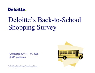 Deloitte’s Back-to-School
Shopping Survey


Conducted July 11 – 14, 2008
5,035 responses
 