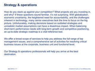 Strategy & operations

How do you stack up against your competition? What projects are you investing in,
and why? If these questions sound familiar, it’s not surprising. With globalization,
economic uncertainty, the heightened need for accountability, and the challenges
inherent in technology, many senior executives lack the time to focus on the big
picture. Unfortunately, making decisions based on outdated strategies and
unrealistic market assumptions can have a disastrous impact. When balancing
short-term performance needs with long-term growth and competitive positioning,
an up-to-date strategic roadmap is a vital reference tool.

We offer a broad scope of services to help you address the full range of top
management issues, and a comprehensive set of activities for resolving critical
business issues at the corporate, business unit and functional level.

Our Strategy & operations professionals will help you arrive at the best
destination.




   April 2012 v.1.1                                            © Deloitte & Touche LLP and affiliated entities.
 