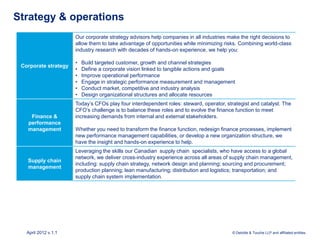 Strategy & operations
                      Our corporate strategy advisors help companies in all industries make the right decisions to
                      allow them to take advantage of opportunities while minimizing risks. Combining world-class
                      industry research with decades of hands-on experience, we help you:

                      •   Build targeted customer, growth and channel strategies
 Corporate strategy
                      •   Define a corporate vision linked to tangible actions and goals
                      •   Improve operational performance
                      •   Engage in strategic performance measurement and management
                      •   Conduct market, competitive and industry analysis
                      •   Design organizational structures and allocate resources
                      Today’s CFOs play four interdependent roles: steward, operator, strategist and catalyst. The
                      CFO’s challenge is to balance these roles and to evolve the finance function to meet
    Finance &         increasing demands from internal and external stakeholders.
   performance
   management         Whether you need to transform the finance function, redesign finance processes, implement
                      new performance management capabilities, or develop a new organization structure, we
                      have the insight and hands-on experience to help.
                      Leveraging the skills our Canadian supply chain specialists, who have access to a global
                      network, we deliver cross-industry experience across all areas of supply chain management,
   Supply chain
                      including: supply chain strategy, network design and planning; sourcing and procurement;
   management
                      production planning; lean manufacturing; distribution and logistics; transportation; and
                      supply chain system implementation.




   April 2012 v.1.1                                                                     © Deloitte & Touche LLP and affiliated entities.
 