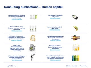 Consulting publications – Human capital

   CanadaWorks 2025: Scenarios          Your guide to a successful
   and strategies for the future of            ERP journey
          work in Canada                   Click here to access
         Click here to access




     Start smart finish strong:        Human capital trends 2012:
   Engineer your major programs               Leap ahead
            for success                   Click here to access
        Click here to access



   The Emperor’s new clothes –         The new business imperative –
  Confronting the illusion of high-      Seven trends in leadership
    performance senior teams                   development
        Click here to access                Click here to access



             Build a team                 Empower your talent –
        that delivers results –          Build a high-performance
      Align your people to drive                organization
      a culture of execution and            Click here to access
            accountability



   HR transformation in the global    Put workforce planning to work –
    business environment: The          How a strategic workforce plan
         journey continues              can improve your bottom line
         Click here to access                Click here to access




  April 2012 v.1.1                                                       © Deloitte & Touche LLP and affiliated entities.
 
