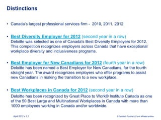Distinctions

• Canada’s largest professional services firm - 2010, 2011, 2012


• Best Diversity Employer for 2012 (second year in a row)
  Deloitte was selected as one of Canada's Best Diversity Employers for 2012.
  This competition recognizes employers across Canada that have exceptional
  workplace diversity and inclusiveness programs.

• Best Employer for New Canadians for 2012 (fourth year in a row)
  Deloitte has been named a Best Employer for New Canadians, for the fourth
  straight year. The award recognizes employers who offer programs to assist
  new Canadians in making the transition to a new workplace.


• Best Workplaces in Canada for 2012 (second year in a row)
  Deloitte has been recognized by Great Place to Work® Institute Canada as one
  of the 50 Best Large and Multinational Workplaces in Canada with more than
  1000 employees working in Canada and/or worldwide.

   April 2012 v.1.1                                         © Deloitte & Touche LLP and affiliated entities.
 