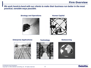 Firm Overview We work hand-in-hand with our clients to make their business run better in the most practical, sensible ways possible. Outsourcing Technology Enterprise Applications Strategy and Operations Human Capital 