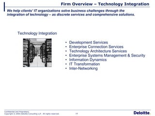 Firm Overview – Technology Integration We help clients’ IT organizations solve business challenges through the integration of technology – as discrete services and comprehensive solutions. Technology Integration Development Services Enterprise Connection Services Technology Architecture Services Enterprise Systems Management & Security  Information Dynamics IT Transformation Inter-Networking 