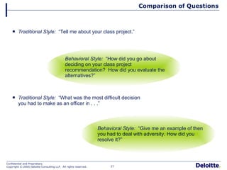 Traditional Style:  “Tell me about your class project.” Traditional Style:   “What was the most difficult decision you had to make as an officer in . . .” Comparison of Questions Behavioral Style:   “How did you go about deciding on your class project recommendation?  How did you evaluate the alternatives?” Behavioral Style:   “Give me an example of then you had to deal with adversity. How did you resolve it?” 