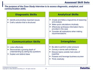Assessed Skill Sets Identify and prioritize important issues Craft a solution that is structured The purpose of the Case Study Interview is to assess diagnostic, analytical, and communication skills. Diagnostic Skills Create and follow a logical line of reasoning and analysis Make quick calculations intuitively Effectively synthesize information that is provided in the case Consider all implications when making recommendations Analytical Skills Listen effectively Demonstrate a growing depth of understanding by asking key questions Explain and defend ideas Communication Skills Be able to perform under pressure Convey a sense self-confidence Discuss topics outside main area of expertise Possess and leverage business acumen Think creatively Intangibles 