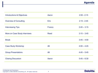 Agenda 5:45 – 6:30 Aaron Closing Discussion 4:45 – 5:45 All Group Presentations 4:00 – 4:45 All Case Study Workshop Break More on Case Study Interviews Interviewing Tips Overview of Consulting Introductions & Objectives 3:45 – 4:00 3:15 – 3:45 2:45 – 3:15 2:15 - 2:45 2:00 - 2:15 Reed Franco Eric Aaron 