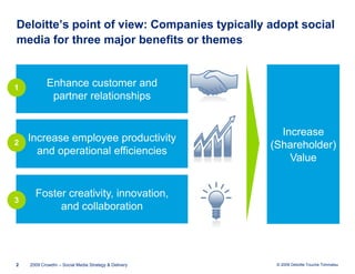 Deloitte’s point of view: Companies typically adopt social media for three major benefits or themes<br />2<br />2009 Crowd...