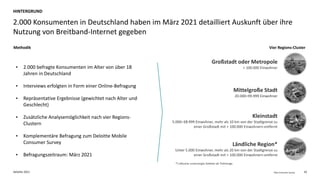Deloitte 2021 10
Fiber Consumer Survey
2.000 Konsumenten in Deutschland haben im März 2021 detailliert Auskunft über ihre
Nutzung von Breitband-Internet gegeben
HINTERGRUND
Großstadt oder Metropole
> 100.000 Einwohner
Ländliche Region*
Unter 5.000 Einwohner, mehr als 20 km von der Stadtgrenze zu
einer Großstadt mit > 100.000 Einwohnern entfernt
Mittelgroße Stadt
20.000–99.999 Einwohner
Kleinstadt
5.000–19.999 Einwohner, mehr als 10 km von der Stadtgrenze zu
einer Großstadt mit > 100.000 Einwohnern entfernt
Vier Regions-Cluster
• 2.000 befragte Konsumenten im Alter von über 18
Jahren in Deutschland
• Interviews erfolgten in Form einer Online-Befragung
• Repräsentative Ergebnisse (gewichtet nach Alter und
Geschlecht)
• Zusätzliche Analysemöglichkeit nach vier Regions-
Clustern
• Komplementäre Befragung zum Deloitte Mobile
Consumer Survey
• Befragungszeitraum: März 2021
Methodik
*) inklusive unversorgte Gebiete als Teilmenge.
 