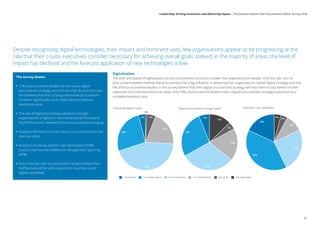 The survey shows:
•• 17% of procurement leaders do not have a digital
procurement strategy, and of those that do, less than one-
third believe that their strategy will enable procurement
to deliver significantly on its objectives and improve
enterprise value.
•• The rate of digital technology adoption amongst
organisations is highest in the transactional Purchase to
Pay (P2P) process, followed by sourcing and tactical buying.
•• Analytics will have the most impact on procurement in the
next two years.
•• Analytics are being used for cost optimisation (50%),
process improvement (48%) and management reporting
(45%).
•• Only three per cent of procurement leaders believe their
staff possess all the skills required to maximise use of
digital capabilities.
Despite recognising digital technologies, their impact and imminent uses, few organisations appear to be progressing at the
rate that their c-suite executives consider necessary for achieving overall goals. Indeed, in the majority of areas, the level of
impact has declined and the forecast application of new technologies is low.
13%
5%
20%
44%
4%
26%
4%
19%
31%
27%
6%
Business case completed
4%
4%
10%
25%
39%
18%
Completely To a large extent To some extent To a small extent Not at all Not applicable
Digital procurement strategy impactEnterprise digital impact
1%
Digitalisation
The level and speed of digitalisation across procurement functions is lower than expected and needed. Only four per cent of
procurement leaders believe that procurement has a big influence in delivering their organisation’s overall digital strategy and only
6% of the procurement leaders in the survey believe that their digital procurement strategy will help them to fully deliver on their
objectives and improve enterprise value. Only 18% of procurement leaders have a digital procurement strategy supported by a
complete business case.
27
Leadership: Driving innovation and delivering impact | The Deloitte Global Chief Procurement Officer Survey 2018
 
