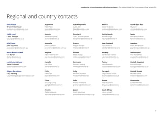 Argentina
Pablo Peso
ppeso@deloitte.com
Austria
Alexander Kainer
akainer@deloitte.at
Australia
John O’Connor
jococonnor@deloitte.com.au
Belgium
Patrick Vermeulen
pvermeulen@deloitte.com
Canada
Lee Barter
lbarter@deloitte.ca
Chile
Pablo Tipic
ptipic@deloitte.com
China
Ge Liang Gong
ggong@deloitte.com.cn
Croatia
Zlatko Bazianec
zbazianec@deloittece.com
Czech Republic
Lukas Jilek
ljilek@deloittece.com
Denmark
Tore Christian Jensen
torejensen@deloittece.dk
France
Magali Testard
mtestard@deloitte.fr
Finland
Mikko Vaara
mikko.vaara@deloitte.fi
Germany
Nikolaus Helbig
nhelbig@deloitte.de
Italy
Michele Sabatini
msabatini@deloitte.it
India
Antony Prashant
prantony@deloitte.com
Japan
Yuichi Miyamae
yumiyamae@tohmatsu.co.jp
Mexico
Xavier Ordonez
xordonez@deloittemx.com
Netherlands
Michiel Junge
mijunge@deloitte.nl
New Zealand
Paul Shallard
pshallard@deloitte.co.nz
Norway
Karl Martin Karlsen
kakarlsen@deloitte.no
Poland
Jakub Rosiecki
jrosiecki@deloittece.com
Portugal
Diogo Nuno Santos
disantos@deloittece.pt
Russia
Irina Biryukova
ibiryukova@deloitte.ru
South Africa
Hilton Amsel
hamsel@deloitte.co.za
South East Asia
Atul Jain
atuljain@deloitte.com
Spain
Fernando Antolin
fantolin@deloitte.es
Sweden
Patrik Andersson
paandersson@deloitte.se
Switzerland
Alex Nedelchev
anedelchev@deloitte.ch
United Kingdom
Lance Younger
lyounger@deloitte.co.uk
United States
Michael Daher
mdaher@deloitte.com
Venezuela
Carlos Ramirez
calramirez@deloitte.com
Global Lead
Brian Umbenhauer
bumbenhauer@deloitte.com
EMEA Lead
Lance Younger
lyounger@deloitte.co.uk
APAC Lead
John O’Connor
jococonnor@deloitte.com.au
North America Lead
Lee Barter
lbarter@deloitte.ca
Latin America Lead
Xavier Ordonez
xordonez@deloittemx.com
Odgers Berndston
Lucy Harding
Lucy.Harding@odgersberndston.com
Regional and country contacts
51
Leadership: Driving innovation and delivering impact | The Deloitte Global Chief Procurement Officer Survey 2018
 