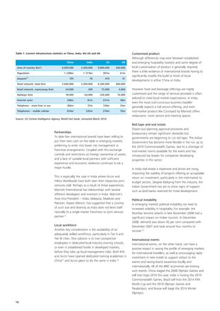 Table 1. Current infrastructure statistics in China, India, the US and UK                      Customised product
                                                                                               Although differences may exist between established
                                            China            India             US        UK    and emerging hospitality markets and some degree of
                    2
 Area of country (km )                 9,600,000        3,300,000     9,800,000      200,000   local customisation of product is generally required,
                                                                                               there is little evidence of international brands having to
 Population                              1.338bn          1.157bn            307m       61m
                                                                                               significantly modify the build or finish of local
 Airports21                                   195              76             419        41
                                                                                               developments in either China or India.
 Road network, total (km)              3,600,000        3,300,000     6,500,000      400,000

 Road network, expressway (km)             54,000             200           75,000     4,000   However food and beverage offerings are highly
 Railways (km)                             78,000          64,000       226,000       16,000   customised and the range of services provided is often
                                                                                               tailored to meet local market expectations. In India,
 Internet users                             298m             81m             231m       49m
                                                                                               even the most cost-conscious business traveller
 Telephone – main lines in use              366m             37m             150m       33m
                                                                                               generally expects a full service offering, and even
 Telephones – mobile cellular               634m            545m             270m       76m    mid-market product like Courtyard by Marriott offers
                                                                                               restaurants, room service and meeting spaces.
Source: US Central Intelligence Agency, World Fact book, extracted March 2010

                                                                                               Red tape and real estate
                                                                                               Drawn-out planning approval processes and
                                 Partnerships                                                  bureaucracy remain significant obstacles but
                                 To date few international brands have been willing to         governments are beginning to cut red tape. The Indian
                                 put their own cash on the table in emerging markets,          Government has become more flexible in the run up to
                                 preferring to enter into lower risk management or             the 2010 Commonwealth Games, due to a shortage of
                                 franchise arrangements. Coupled with this exchange            mid-market rooms available for the event and has
                                 controls and restrictions on foreign ownership of assets,     introduced tax breaks for companies developing
                                 and a lack of suitable local partners with sufficient         properties in this sector.
                                 experience and economic resilience continues to be a
                                 major hurdle.                                                 In India real estate is expensive and prices are rising,
                                                                                               impacting the viability of projects offering an acceptable
                                 This is especially the case in India where Accor and          return on investment, particularly in the mid-market to
                                 Hilton Worldwide have both seen their respective joint        budget sectors. Despite lobbying from the industry, the
                                 ventures stall. Perhaps as a result of these experiences,     Indian Government has yet to show signs of support
                                 Marriott International has relationships with several         such as land banks reserved for hotel development.
                                 different developers and investors in India. Marriott’s
                                 Area Vice President – India, Malaysia, Maldives and           Political instability
                                 Pakistan, Rajeev Menon, has suggested that a country          In emerging markets political instability can lead to
                                 of such size and diversity as India does not lend itself      increased volatility in hospitality. For example, the
                                 naturally to a single master franchisor or joint venture      Mumbai terrorist attacks in late November 2008 had a
                                 partner.22                                                    significant impact on Indian tourism. In December
                                                                                               2008, demand was down 45 per cent compared with
                                 Local workforce                                               December 2007 and took around four months to
                                 Another key consideration is the availability of an           recover.25
                                 adequately skilled workforce, particularly in Tier II and
                                 Tier III cities. One solution is to train prospective         International events
                                 employees in dedicated local industry training schools,       International events, on the other hand, can have a
                                 or even in established hotels in developed markets,           positive impact in raising the profile of emerging markets
                                 before they take up local management roles. Both IHG          for international travellers, as well as encouraging rapid
                                 and Accor have opened dedicated training academies in         investment in new hotels to support visitors to the
                                 China23 and Accor plans to do the same in India.24            events and raising brand awareness locally and
                                                                                               internationally. All of the BRIC economies are hosting
                                                                                               such events: China staged the 2008 Olympic Games and
                                                                                               will host Expo 2010 this year, India is hosting the 2010
                                                                                               Commonwealth Games, Brazil will host the 2014 FIFA
                                                                                               World Cup and the 2016 Olympic Games and
                                                                                               Paralympics, and Russia will stage the 2014 Winter
                                                                                               Olympics.

10
 