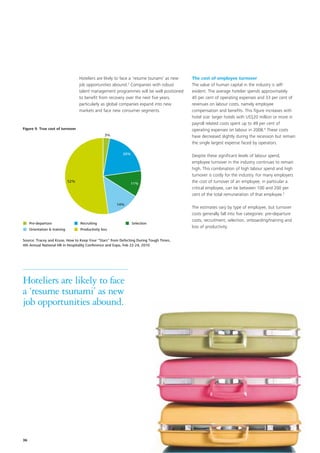 Hoteliers are likely to face a ‘resume tsunami’ as new   The cost of employee turnover
                                    job opportunities abound.3 Companies with robust         The value of human capital in the industry is self-
                                    talent management programmes will be well positioned     evident. The average hotelier spends approximately
                                    to benefit from recovery over the next five years,       45 per cent of operating expenses and 33 per cent of
                                    particularly as global companies expand into new         revenues on labour costs, namely employee
                                    markets and face new consumer segments.                  compensation and benefits. This figure increases with
                                                                                             hotel size: larger hotels with US$20 million or more in
                                                                                             payroll related costs spent up to 49 per cent of
Figure 9. True cost of turnover                                                              operating expenses on labour in 2008.4 These costs
                                                   3%                                        have decreased slightly during the recession but remain
                                                                                             the single largest expense faced by operators.

                                                          20%
                                                                                             Despite these significant levels of labour spend,
                                                                                             employee turnover in the industry continues to remain
                                                                                             high. This combination of high labour spend and high
                                                                                             turnover is costly for the industry. For many employers
                              52%
                                                              11%                            the cost of turnover of an employee, in particular a
                                                                                             critical employee, can be between 100 and 200 per
                                                                                             cent of the total remuneration of that employee.5

                                                        14%
                                                                                             The estimates vary by type of employee, but turnover
                                                                                             costs generally fall into five categories: pre-departure
                                                                                             costs, recruitment, selection, onboarding/training and
     Pre-departure                  Recruiting                  Selection
                                                                                             loss of productivity.
     Orientation & training         Productivity loss

Source: Tracey and Kruse, How to Keep Your “Stars” from Defecting During Tough Times,
4th Annual National HR in Hospitality Conference and Expo, Feb 22-24, 2010




Hoteliers are likely to face
a ‘resume tsunami’ as new
job opportunities abound.




36
 