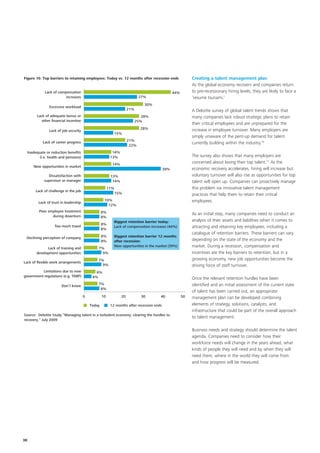 Figure 10. Top barriers to retaining employees: Today vs. 12 months after recession ends                  Creating a talent management plan
                                                                                                          As the global economy recovers and companies return
            Lack of compensation                                                               44%        to pre-recessionary hiring levels, they are likely to face a
                        increases                                          27%                            ‘resume tsunami.’
                                                                              30%
               Excessive workload
                                                                    21%                                   A Deloitte survey of global talent trends shows that
       Lack of adequate bonus or                                             28%                          many companies lack robust strategic plans to retain
          other ﬁnancial incentive                                        25%
                                                                                                          their critical employees and are unprepared for the
                                                                            28%                           increase in employee turnover. Many employers are
               Lack of job security
                                                          15%
                                                                                                          simply unaware of the pent-up demand for talent
           Lack of career progress                                  21%
                                                                                                          currently building within the industry.10
                                                                     22%
 Inadequate or reduction beneﬁts                         14%
        (i.e. health and pensions)                      13%                                               The survey also shows that many employers are
                                                         14%
                                                                                                          concerned about losing their top talent.11 As the
     New opportunities in market
                                                                                         39%              economic recovery accelerates, hiring will increase but
               Dissatisfaction with                     13%                                               voluntary turnover will also rise as opportunities for top
            supervisor or manager                        14%                                              talent will open up. Companies can proactively manage
                                                       11%                                                this problem via innovative talent management
       Lack of challenge in the job
                                                             15%                                          practices that help them to retain their critical
                                                   10%                                                    employees.
        Lack of trust in leadership
                                                     12%
         Poor employee treatment                  8%
                during downturn
                                                                                                          As an initial step, many companies need to conduct an
                                                  8%
                                                          Biggest retention barrier today:                analysis of their assets and liabilities when it comes to
                                                  8%
                  Too much travel                         Lack of compensation increases (44%)            attracting and retaining key employees, including a
                                                  8%
                                                                                                          catalogue of retention barriers. These barriers can vary
 Declining perception of company                  8%      Biggest retention barrier 12 months
                                                  8%      after recession:                                depending on the state of the economy and the
             Lack of training and             7%
                                                          New opportunities in the market (39%)           market. During a recession, compensation and
       development opportunities                9%                                                        incentives are the key barriers to retention, but in a
                                              7%                                                          growing economy, new job opportunities become the
Lack of ﬂexible work arrangements
                                                9%                                                        driving force of staff turnover.
          Limitations due to new             6%
government regulations (e.g. TARP)         4%                                                             Once the relevant retention hurdles have been
                      Don’t know              7%                                                          identified and an initial assessment of the current state
                                               8%
                                                                                                          of talent has been carried out, an appropriate
                                      0           10           20           30       40              50   management plan can be developed combining
                                          Today         12 months after recession ends                    elements of strategy, solutions, catalysts, and
                                                                                                          infrastructure that could be part of the overall approach
Source: Deloitte Study “Managing talent in a turbulent economy; clearing the hurdles to
                                                                                                          to talent management.
recovery,” July 2009

                                                                                                          Business needs and strategy should determine the talent
                                                                                                          agenda. Companies need to consider how their
                                                                                                          workforce needs will change in the years ahead, what
                                                                                                          kinds of people they will need and by when they will
                                                                                                          need them, where in the world they will come from
                                                                                                          and how progress will be measured.




38
 