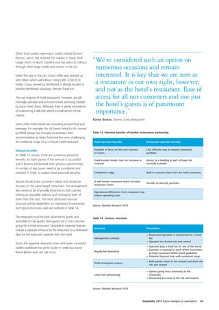 Other food outlets opening in hotels include Dunkin’
Donuts, which has entered the market in Great Wolf
Lodge resort in North Carolina and has plans to roll-out        “We’ve considered such an option on
through other large hotels and resorts in the US.                numerous occasions and remain
Earlier this year in the UK, Costa Coffee also teamed up         interested. It is key that we are seen as
with Hilton which will roll-out Costa Cafés in 60 of its
hotels. Costa, owned by Whitbread, is already located in         a restaurant in our own right, however,
another Whitbread subsidiary, Premier Travel Inn.                and not as the hotel’s restaurant. Ease of
The vast majority of hotel restaurants, however, are still       access for all our customers and not just
internally operated and in-house brands are being created
by some hotel chains. Although there is plenty of evidence       the hotel’s guests is of paramount
of outsourcing it still only affects a small section of the
market.
                                                                 importance.”
                                                                Rainer Becker, Owner, Zuma Restaurant
Some other hotel brands are innovating around food and
beverage. For example, the UK based Hotel du Vin, owned
by MWB Group, has changed its emphasis from                     Table 13. Potential benefits of hotelier restaurateur partnership
accommodation to bistro food and fine wine, challenging
the traditional image of an in-house hotel restaurant.           Hotel operator benefits                         Restaurant operator benefits


Mutual benefits                                                  Freedom to focus on the core business           Cost effective way to expand restaurant
                                                                 of rooms.                                       portfolio.
As Table 13 shows, there are numerous potential
benefits for both parties if the venture is successful           Fixed income stream, low risk (increase in      Access to a building or part of town not
and if lessons are learned from previous partnerships.           revenue).                                       normally available.
A number of key issues need to be considered and
resolved in order to realise these potential benefits.           Competitive edge.                               Built-in customer base from the hotel customers.


Brands should share consistent values and should be              A well known restaurant brand increases
                                                                                                                 Possible to diversify portfolio.
                                                                 restaurant covers.
focused on the same target consumers. The arrangement
also needs to be financially attractive to both parties,         Operational efficiencies from restaurant may
striking an equitable balance and motivating both of             reduce operating costs.
them from the start. The most attractive financial
structure will be dependent on individual circumstances
                                                                Source: Deloitte Research 2010
but typical structures used are outlined in Table 14.

The restaurant must be both attractive to guests and            Table 14. Contract structures
accessible to non-guests. Non-guests are a core customer
group for a hotel restaurant. Desirable or essential features
                                                                 Structure                                       Description
include a separate entrance to the restaurant or a dedicated
desk for the restaurant separate from the hotel.                                                                 • Restaurant operation is outsourced for a fixed
                                                                 Management contract                               fee.
                                                                                                                 • Operator has limited risk and control.
Zuma, the Japanese restaurant chain with seven successful
                                                                                                                 • Operator pays a fixed fee for use of the brand.
outlets worldwide has yet to locate in hotels but owner
                                                                                                                 • Operator is required to work within restrictions
Rainer Becker does not rule it out.                              Royalty fee (franchise)
                                                                                                                   to keep restaurant within brand guidelines.
                                                                                                                 • Potential financial help with restaurant setup.
                                                                                                                 • Both parties invest in the venture and share the
                                                                 Profit share/joint venture
                                                                                                                   risk and reward.

                                                                                                                 • Option giving most autonomy to the
                                                                 Lease (full outsourcing)                          restaurant.
                                                                                                                 • Restaurant has most of the risk and reward.



                                                                Source: Deloitte Research 2010



                                                                                                              Hospitality 2015 Game changers or spectators?      63
 
