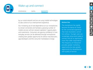 Wake up and connect 
OVERVIEW DATA INSIGHTS 
12 
by our social network and we are using mobile technologies 
to take control of our entertainment experience. 
Our increasing use of and dependence on our smartphones 
to remain connected and facilitate a growing number of 
mobile services will test network operators’ capacity plans 
and investments. Consumers are gaining confidence in how 
everyday services can be delivered through smartphones 
creating even greater opportunity for device manufacturers, 
app developers and the consumer marketplace at large. 
Bottom line 
The smartphone has rapidly 
become the device of choice 
for the connected experience 
that most Australians cannot 
live without. Younger users are 
increasingly using social media to 
connect and do so significantly 
more than older respondents. 
This frequency of interaction 
provides greater marketing 
opportunity but also greater 
opportunity for dissatisfaction 
with quality of service. 
 